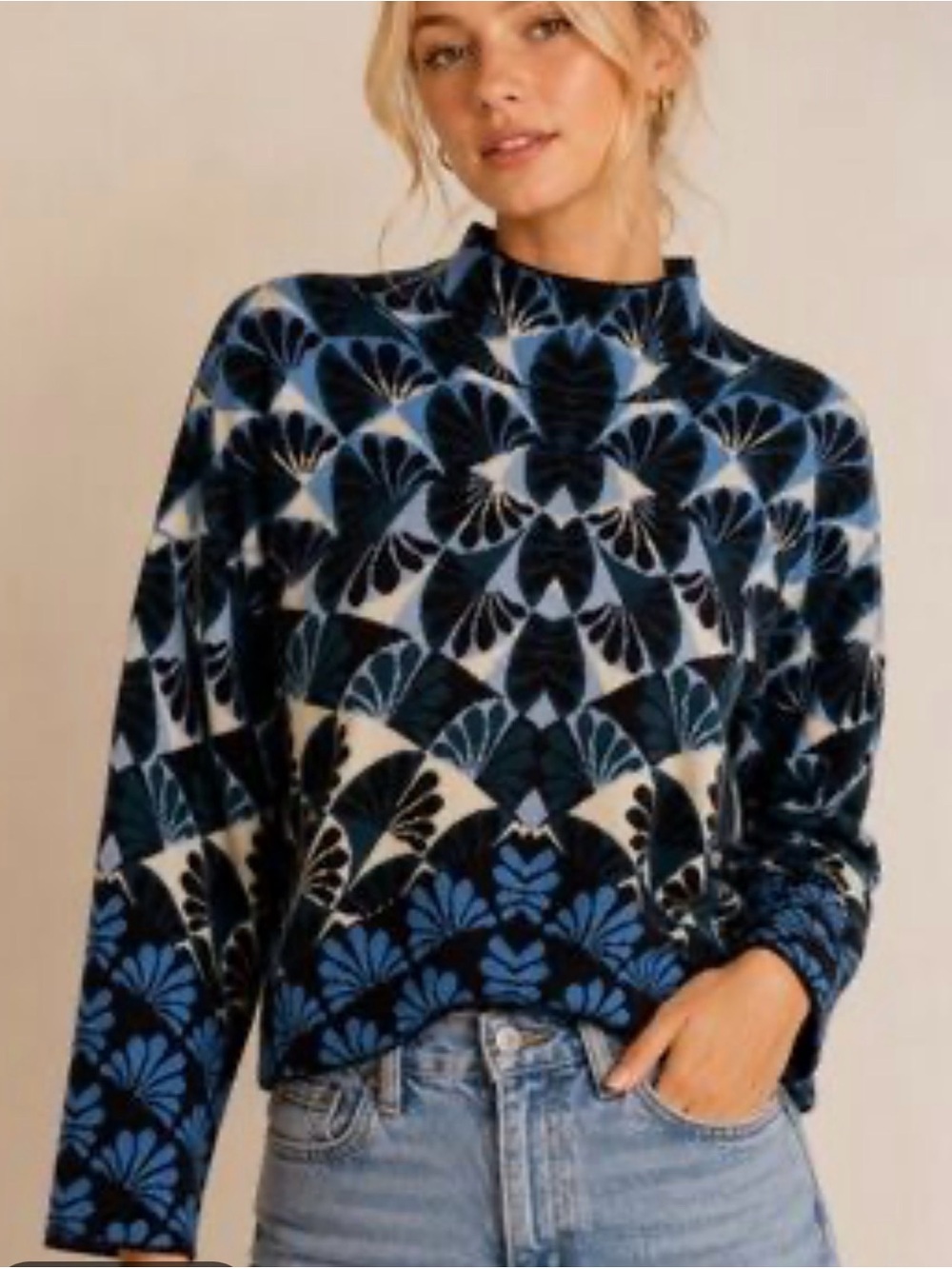 Anthropologie Maeve Mock Neck Sweater Women Sz SMALL Blue Botanical Print MINT